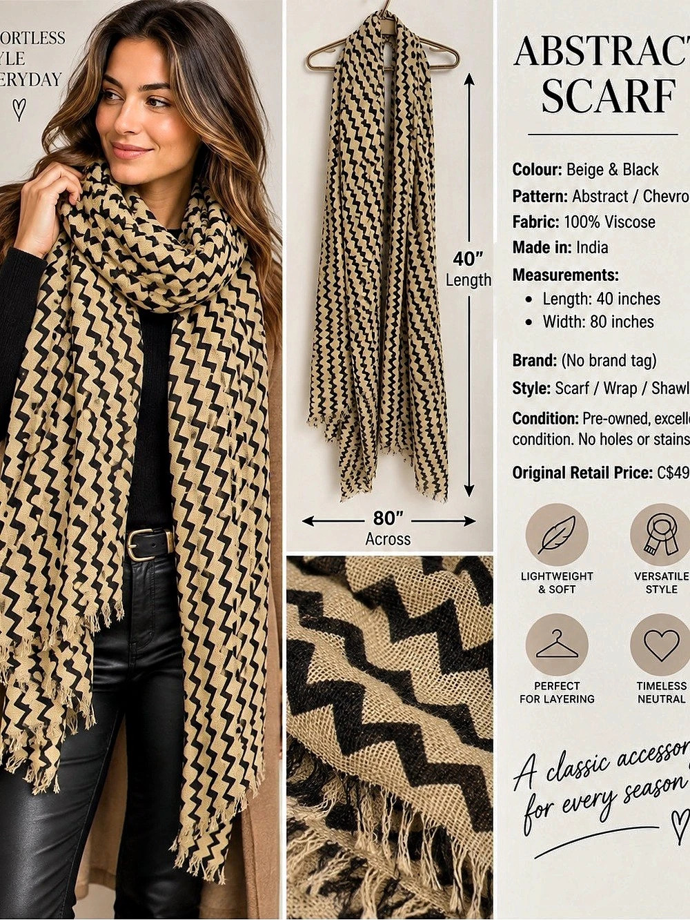 80x40 Abstract Chevron Scarf in Beige & Black